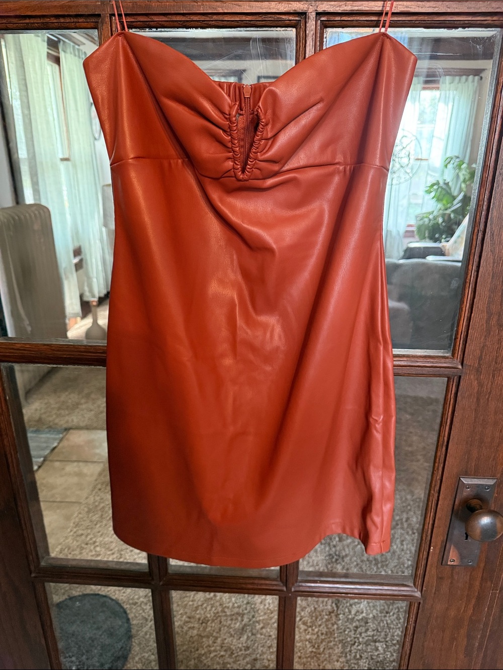 Faux Leather Rust Red Spaghetti Strap Mini Dress